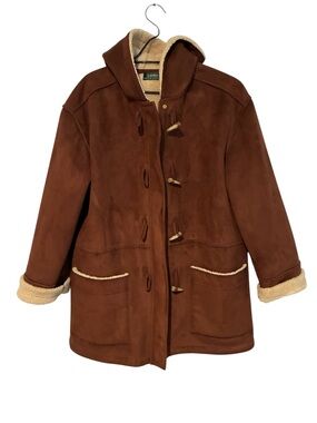Ralph Lauren Women's Brown Faux Shearling Duffle Coat Jacket with Hood Size XL